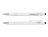 A white stylus pen with chrome accents and a soft tip, featuring a logo on the barrel.