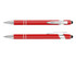 A red stylus pen with a shiny chrome clip and accents, featuring a touch screen tip and ballpoint tip.