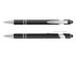 A black stylus pen with chrome accents, featuring a click mechanism and a rubber tip, alongside a matching ballpoint pen.