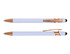 A stylus pen in light blue with rose gold accents, featuring a sleek design and a clip.