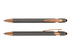 A stylus pen in grey with rose gold accents, featuring a smooth finish and a clip. Also includes a logo.