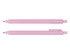 A pink ballpoint pen features a sleek design with a clip on one side. It has a smooth finish and a rounded tip.