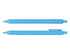 A blue ballpoint pen with a smooth finish and a clip on the side, featuring a simple design and a tip for writing.