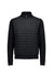 A black men's tailored jacket featuring a quilted front and smooth sleeves, with a zip closure and side pockets.