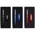 A drink bottle opener keyring set featuring a black, blue, and red pen, all presented in sleek gift boxes.