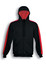 A black unisex zip-through hoodie with red contrasting sleeves and an inner hood. It features a kangaroo pocket and a logo.