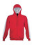 A red zip-through hoodie with white contrast stripes on the sleeves and a front pocket. It has a hood and a sleek design.