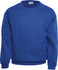 A blue crew neck fleece jumper for kids with long sleeves and elasticated cuffs. It has a logo on the label.