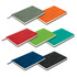 A set of notebooks in green, orange, blue, red, black, and teal. Each notebook is accompanied by a pen.