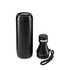 A drink bottle in matte black with a removable lid and a wrist strap, featuring a logo on the side.