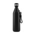 A drink bottle in sleek black with a silver cap and a detachable strap. It features a logo.