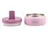 A pink insulated food flask with a quick release lid, featuring a stainless steel interior and a logo.