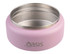 A food flask with a pink exterior and stainless steel interior, featuring a logo on the side.