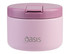 A pink insulated food flask with a lid, featuring a logo on the front.
