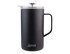 A drink bottle styled as a 1L insulated coffee press in matte black with a clear lid and a handle. It features a logo.