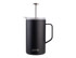 A drink bottle with a matte black finish, a transparent lid, and a metal plunger, featuring a logo on the base.