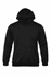 A black hoodie featuring a front pocket and a lined hood, with a subtle logo present.