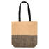 A tote bag in natural and black, featuring a textured design and two sturdy handles. Includes a logo on the side.