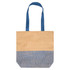 A tote bag with a natural tan upper and blue patterned lower section, featuring two blue handles and a logo.