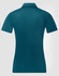 A teal women's polo shirt featuring a sustainable jacquard knit with a back view. It has a collar and short sleeves.