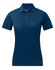 A navy blue ladies' sustainable jacquard knit short-sleeve polo with a collar and three-button placket.