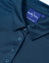 A dark blue sustainable jacquard knit short sleeve polo with a button-up collar and a branded label.