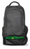 A black backpack with green accents featuring multiple compartments and mesh side pockets. It includes a logo.