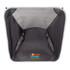 A collapsible camp chair in dark grey with mesh sides and a prominent logo at the centre.
