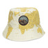 A bucket hat featuring a world map design in yellow, with a round logo patch on the front.
