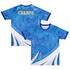 A vibrant blue active t-shirt featuring a swirling design and a logo on the back. It has contrasting blue details.