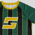 A green and black active t-shirt featuring yellow stripes and a logo. Suitable for youth sports activities.