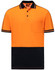 Hi-Vis short-sleeve polo in vibrant orange with a black lower section and trim, featuring a pocket and a logo.