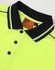 A bright yellow safety polo shirt with a navy collar and logo details.