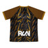 A black and brown active V-neck T-shirt featuring a graphic design and logo on the back.