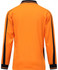 An orange long-sleeve polo shirt with black trim and a logo on the front.