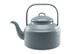 A grey enamel tea kettle with a round body, a lid, and a handle for pouring. It features a spout and has a logo.