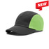 A 6-panel cap featuring a black design with a bright green side portion. It has a logo on the front.