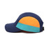 An 8-panel cap featuring a navy base with orange and teal accents. Includes a logo on the side.