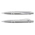 A silver plastic pen with a shiny finish and a clip. The pen features sleek, contemporary design elements.