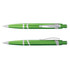 A green plastic pen with silver accents, featuring a smooth, sleek design and a clip for attachment.