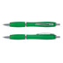 A translucent green plastic pen with a silver clip and trim, displayed from two angles.