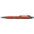 A red metal pen with a textured grip and a sleek silver clip, featuring a logo.