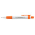 A plastic pen with an orange and white design featuring a customizable message window that reads "Free to Breathe."