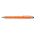 An orange stylus pen with silver accents and a black tip, featuring a clip and rings on the barrel.
