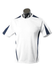 A white men's t-shirt featuring navy blue accents on the sides, displayed on a mannequin. It has a logo.