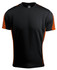 A black t-shirt featuring orange accents on the sleeves. It has a logo at the neckline.