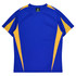 A blue and yellow men's t-shirt with a sporty design and branding on the label.