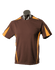 A brown T-shirt with orange accents, designed for men, displayed on a mannequin. It features a logo on the chest.