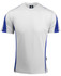 A short-sleeved white T-shirt with blue accents on the shoulders and sides, featuring a logo.