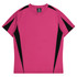 A pink T-shirt with black side panels and a logo on the neckline. Ideal for casual wear or activities.